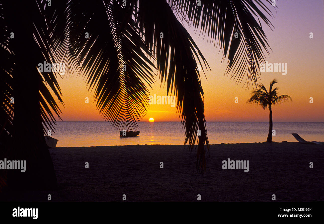 Sonnenuntergang am Strand von Roatan, Bay Islands, Honduras, Afrika | Coucher du soleil à plage de l'île de Roatan, Bay Islands, Honduras, Caraïbes Banque D'Images