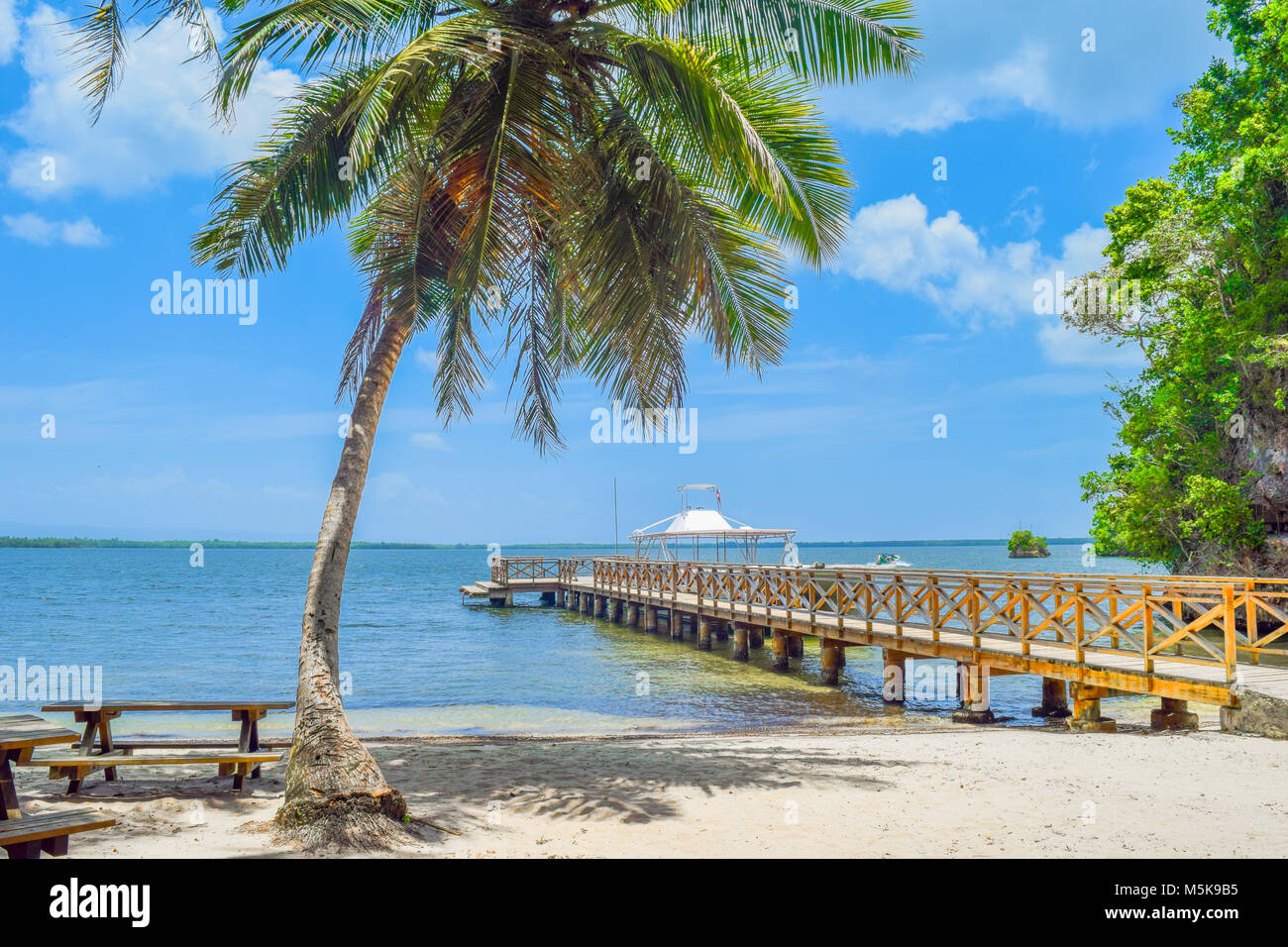 Plage de sable avec un grand et petit pont palm en mer des Caraïbes, la République Dominicaine Banque D'Images