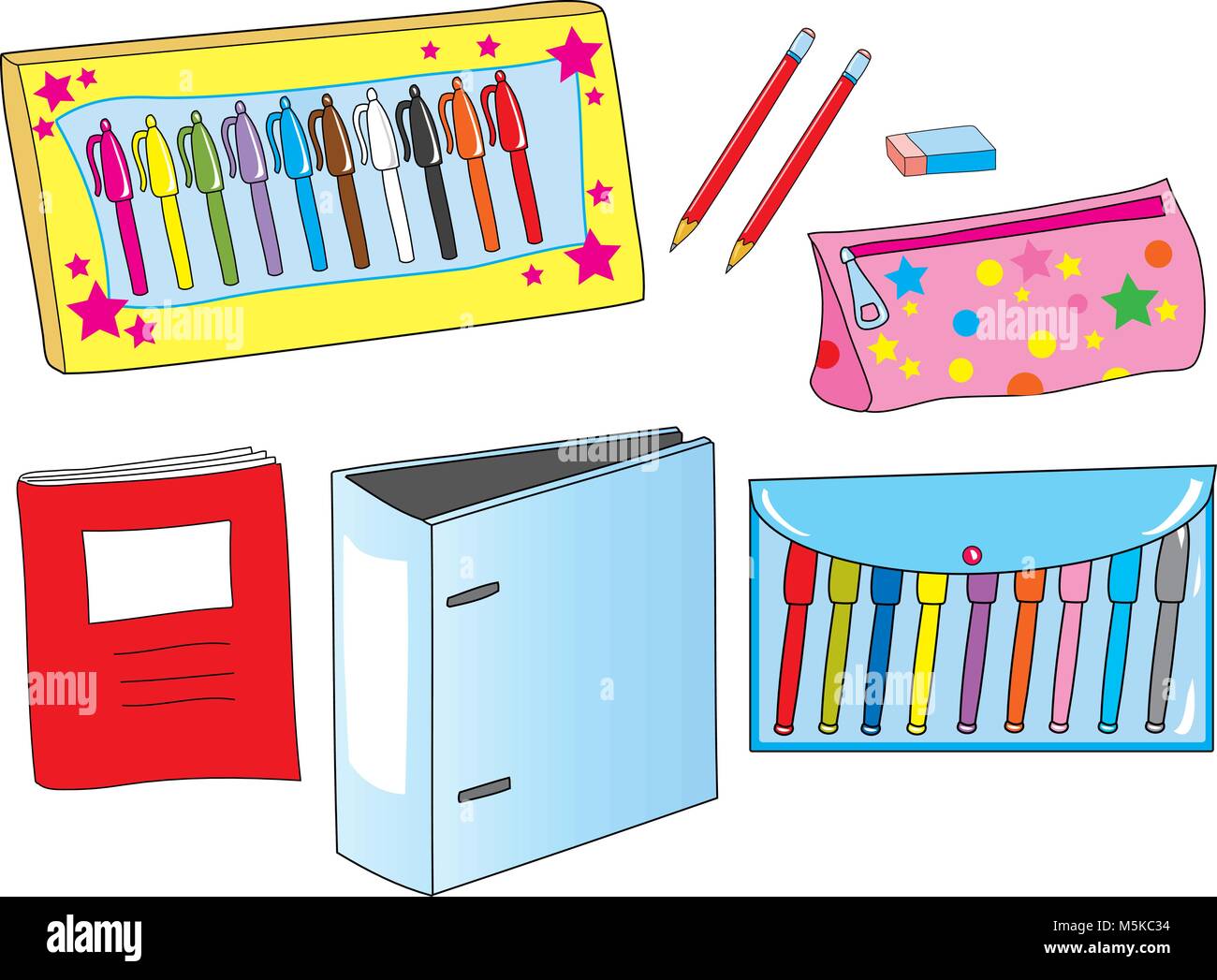 L'équipement des écoles, y compris les crayons, crayons, gommes,bouilloire,stylos Stylos,copie d'adresses, et le dossier du projet. Illustration de Vecteur