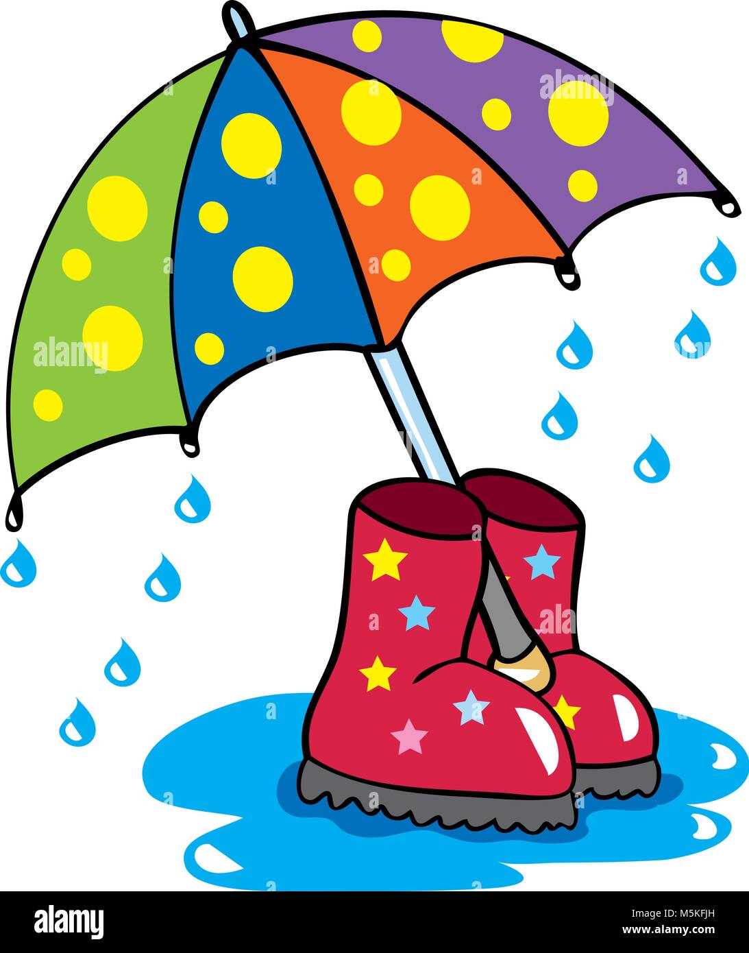 Un dessin animé coloré parapluie et quelques bottes étanches dans une flaque d'eau, avec des gouttes de la projection vers le bas Illustration de Vecteur