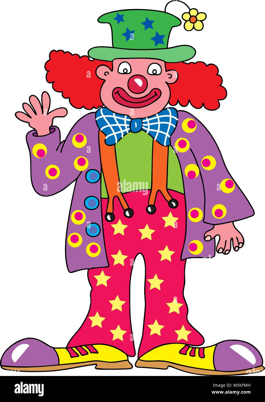 Un nez rouge coloré cartoon circus clown avec de grandes chaussures et vêtements bouffants, agitant sa main Illustration de Vecteur