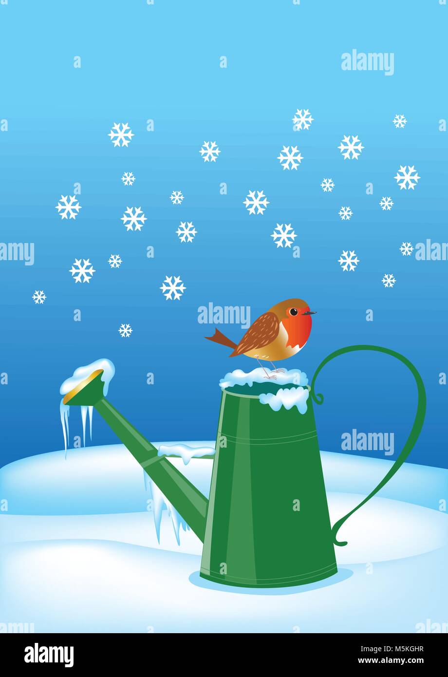 Robin sur l'arrosoir dans la neige Illustration de Vecteur