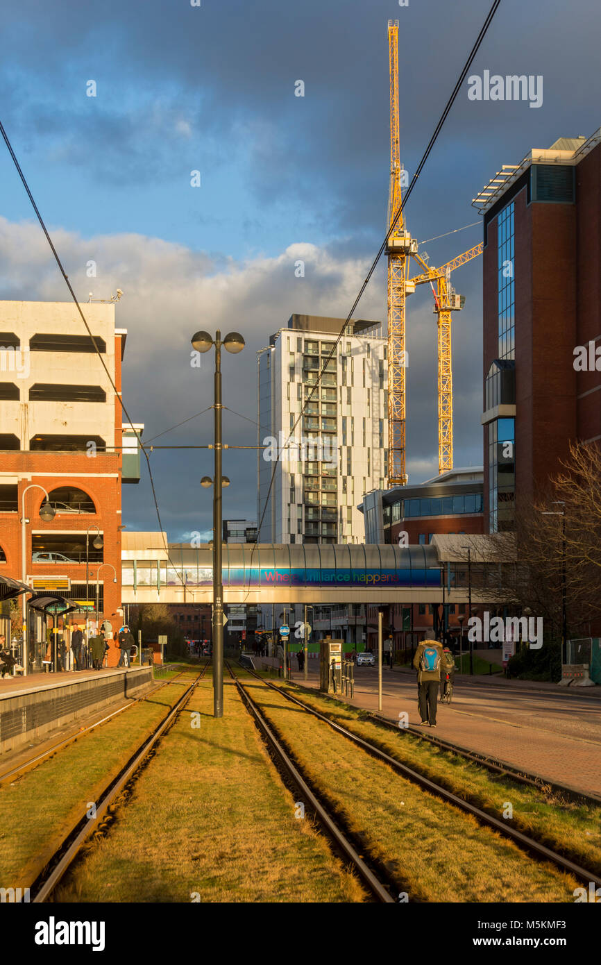 Fin d'après-midi sur les pistes à la ville portuaire de tramway Metrolink, Salford Quays, Manchester, UK Banque D'Images