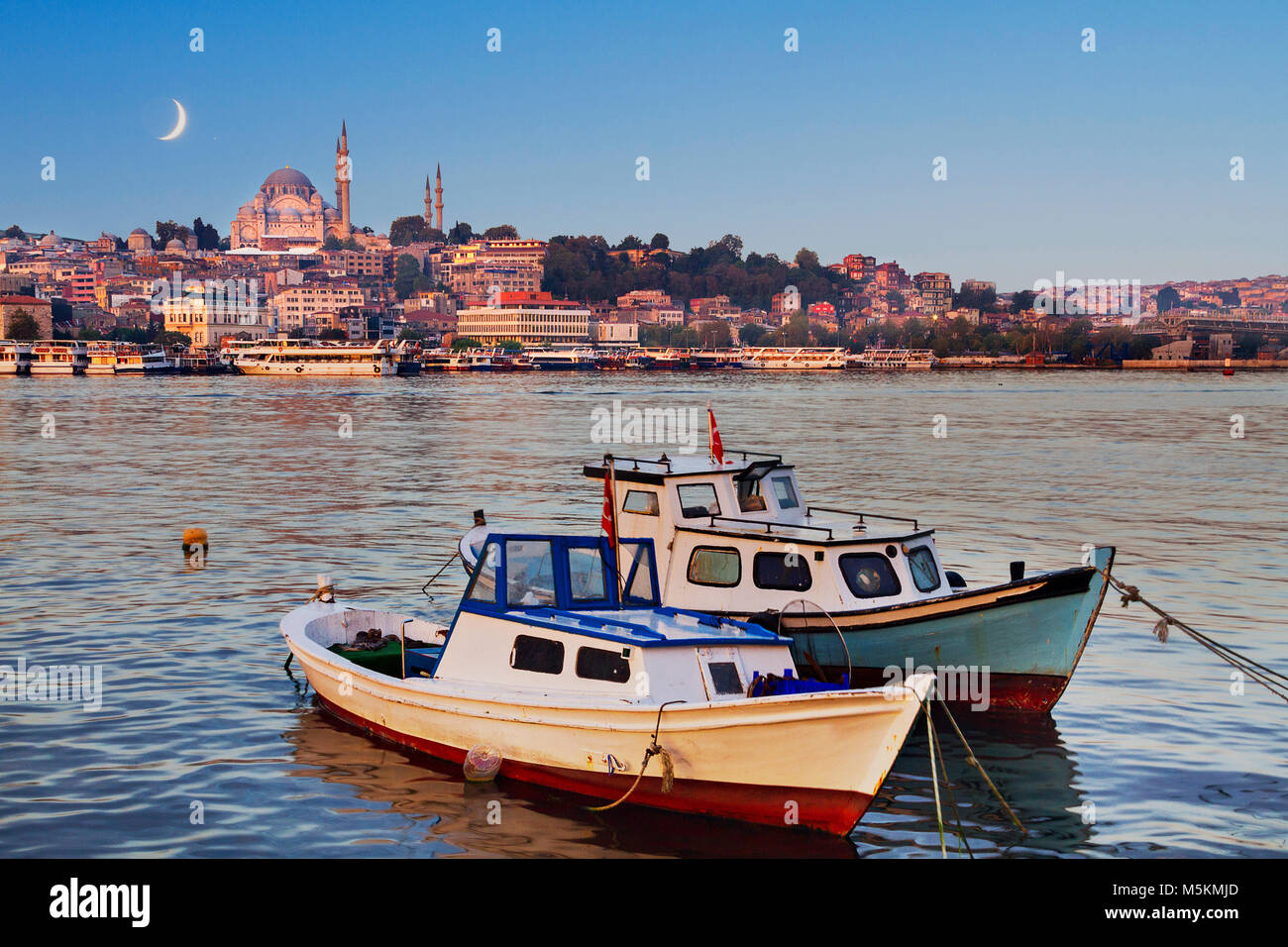 Vue sur la Mosquée Suleymaniye dans la Corne d'or avec croissant de lune dans le ciel, Istanbul, Turquie. Banque D'Images