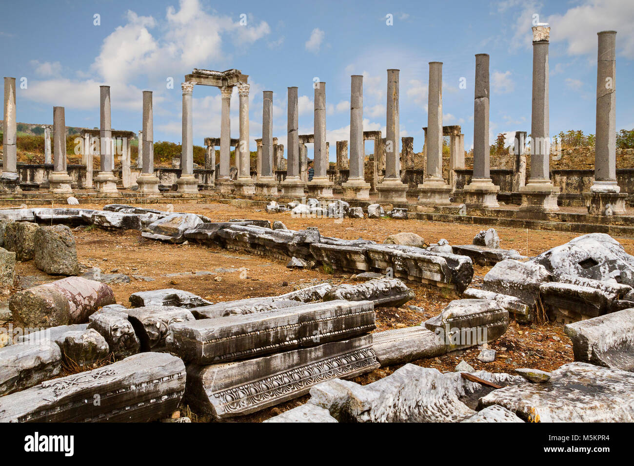 Les colonnes de l'Agora romaine dans les ruines de la ville antique de Pergé, Antalya, Turquie. Banque D'Images