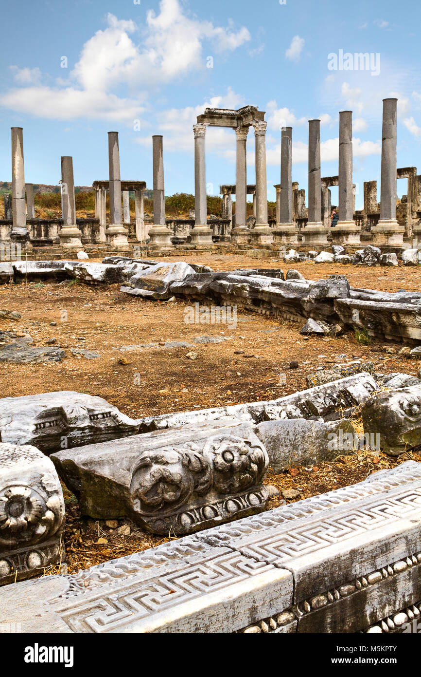 Les colonnes de l'Agora romaine dans les ruines de la ville antique de Pergé, Antalya, Turquie. Banque D'Images