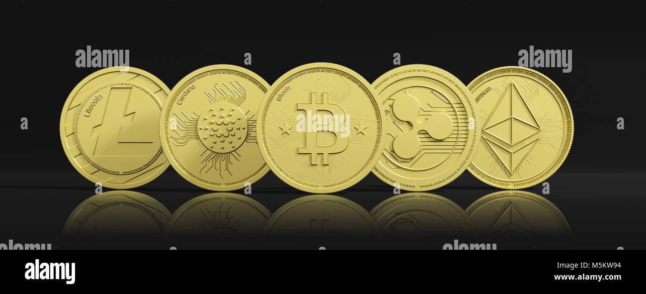 Concept Cryptocurrency. Bitcoin or et la variété des pièces virtuelles d'or sur fond noir, bannière, vue de face. 3d illustration Banque D'Images