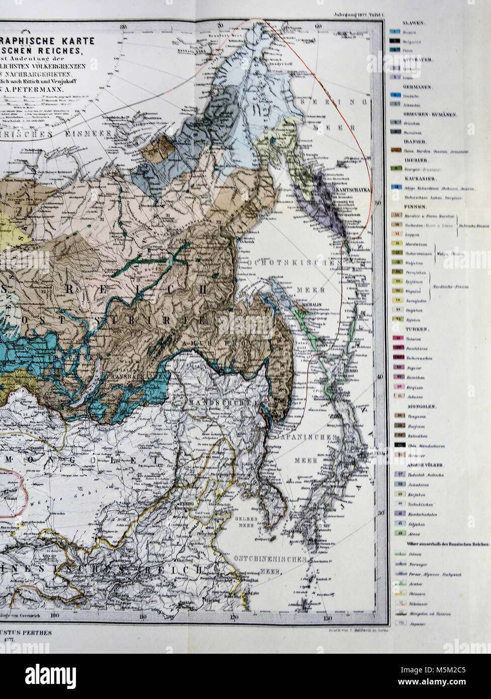 1877 Mittheilungen Petermann Map - carte ethnographique - les races humaines de la Sibérie Russie Asie Banque D'Images