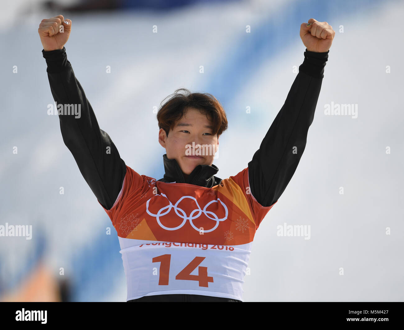 Pyeongchang, Corée du Sud. Feb 24, 2018. La Corée du Sud Lee Sang Ho remporte une médaille d'argent au slalom géant parallèle à Bokwang Phoenix Park Neige à Pyeongchang, Corée du Sud, 24 février 2018. Credit : Angelika Warmuth/dpa/Alamy Live News Banque D'Images