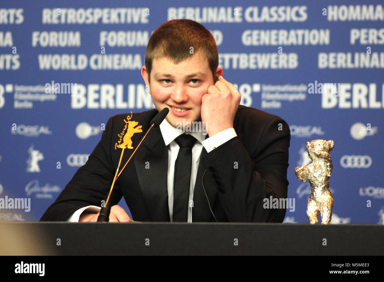 Berlin, Allemagne. 24 Février, 2018. Anthony Bajon, Winnder "Ours d'argent du meilleur acteur" Anthony Bajon dans "La prière" (la prière), 68e Berlinale,Film ; Berlin, Allemagne. 24 Février, 2018. Avec : Anthony, Bajon, conférence de presse à l'hôtel Grand Hyatt de Berlin/Allemagne, 68e Berlinale, "Crédits : T.O.Images / Alamy Live News" Banque D'Images