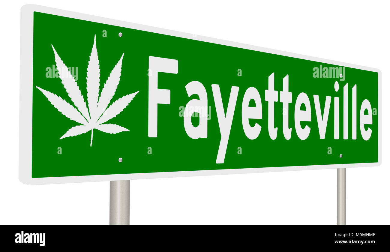 Rendu d'un panneau routier vert avec des feuilles de marijuana pour Fayetteville Banque D'Images