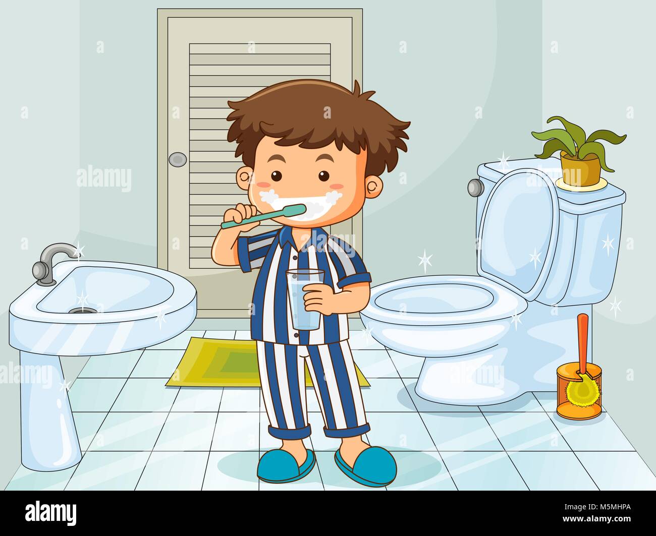 Petit garçon se brosser les dents dans les toilettes illustration Illustration de Vecteur