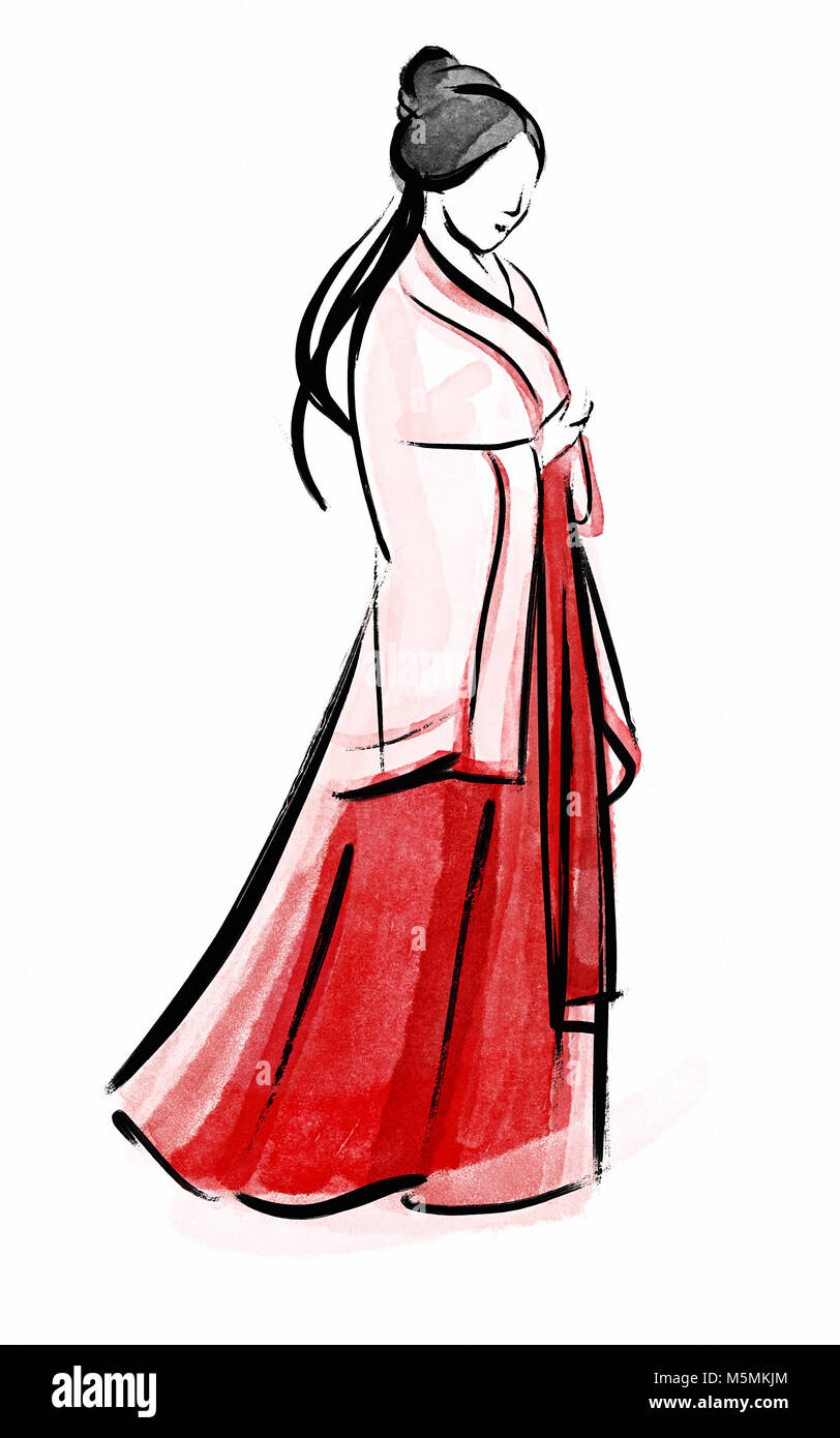 Asian girl silhouette. Résumé en chinois pinceau style calligraphique traditionnelle sur fond blanc. Banque D'Images