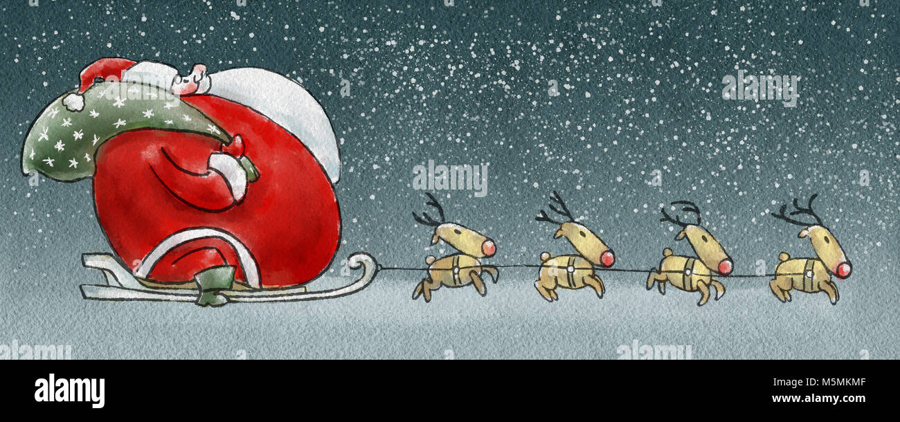 Claus gras. Santa grand balade en traîneau de rennes. Cartoon illustration. Banque D'Images