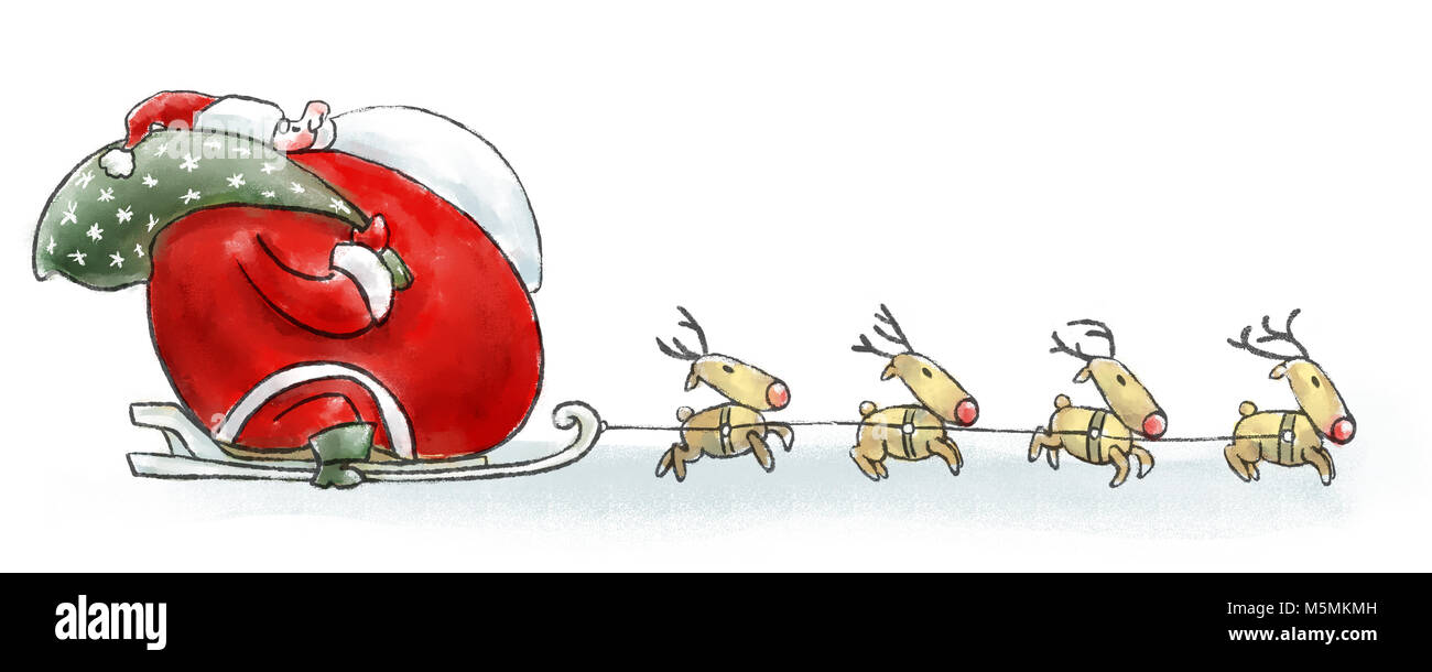 Claus gras. Santa grand balade en traîneau de rennes. Cartoon illustration. Banque D'Images