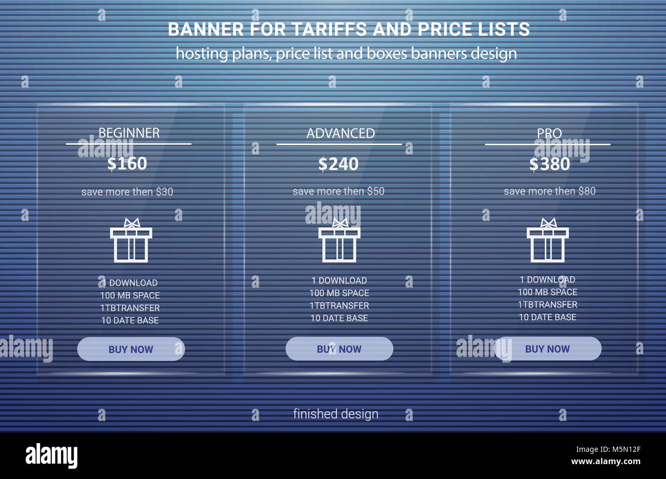 Liste des prix, plans d'hébergement web et conception de bannières boîtes. trois tarifs. Illustration de Vecteur