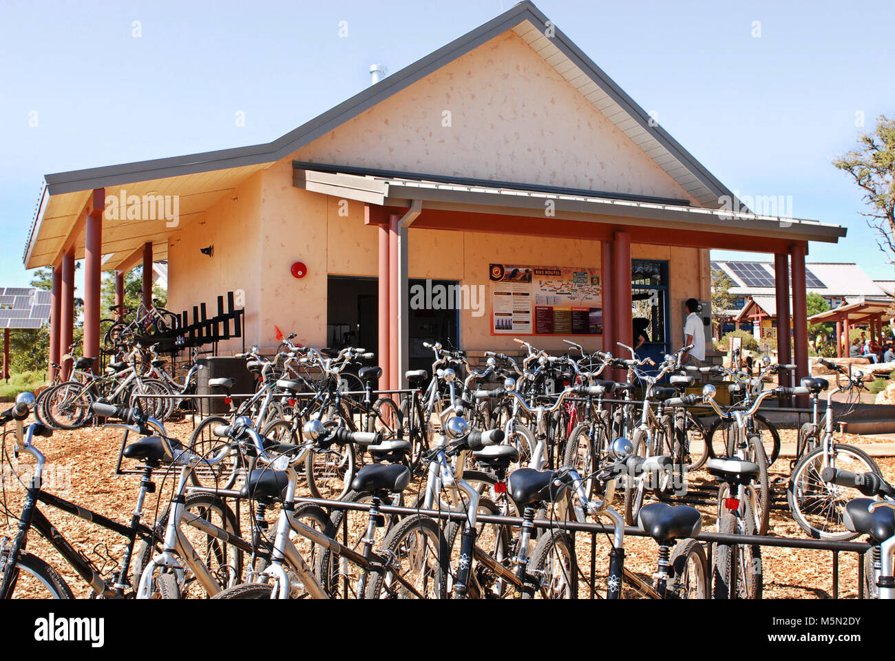 Le Parc National du Grand Canyon Location de vélos . Sur le bord sud. Un service de location de vélos est situé à par le Centre d'accueil (près de Mather Point.) L'établissement, exploité par Bright Angel Bicyclettes, propose également tous les jours des visites guidées à vélo et un 'grab and go' de nourriture et breuvages destinés aux randonneurs, cyclistes et piétons. Ces services sont disponibles à partir d'environ 15 mai au 15 octobre de chaque année. Banque D'Images