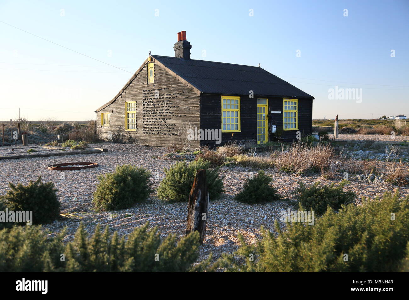 Perspective Cottage, ancienne maison du cinéaste Derek Jarman, Dungeness, Kent, Angleterre, Grande-Bretagne, Royaume-Uni, UK, Europe (voir info) Banque D'Images