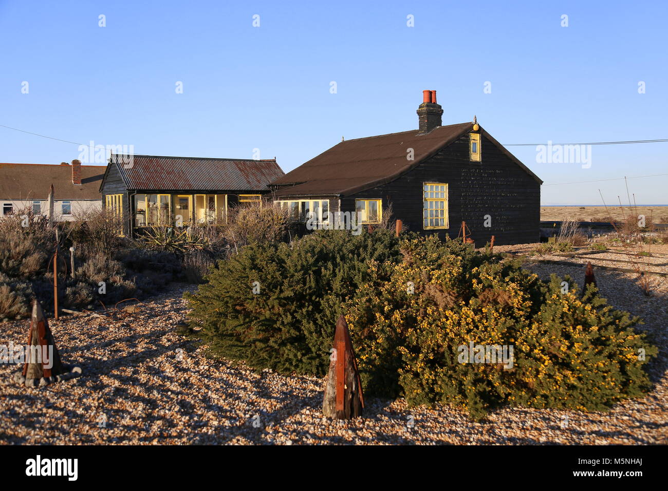 Perspective Cottage, ancienne maison du cinéaste Derek Jarman, Dungeness, Kent, Angleterre, Grande-Bretagne, Royaume-Uni, UK, Europe (voir info) Banque D'Images