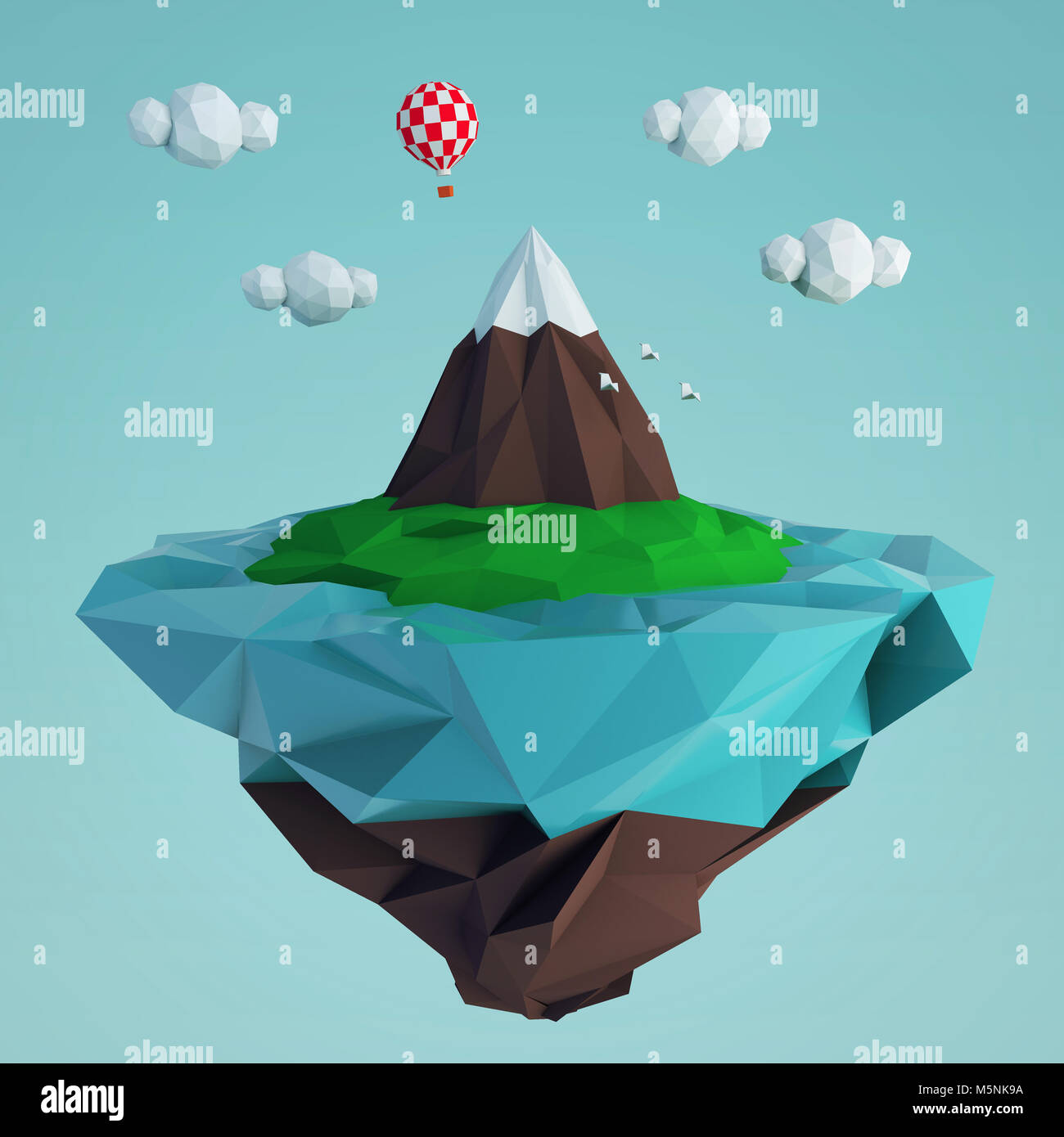 Définir avec l'île basse poly une montagne et un ballon. Le rendu 3D Banque D'Images