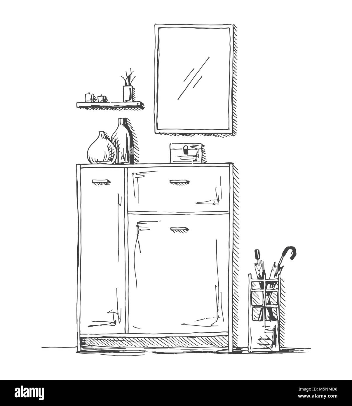 Les meubles dans le couloir. Commode, porte-parapluie, miroir et décoration. Vector illustration au croquis style. Illustration de Vecteur
