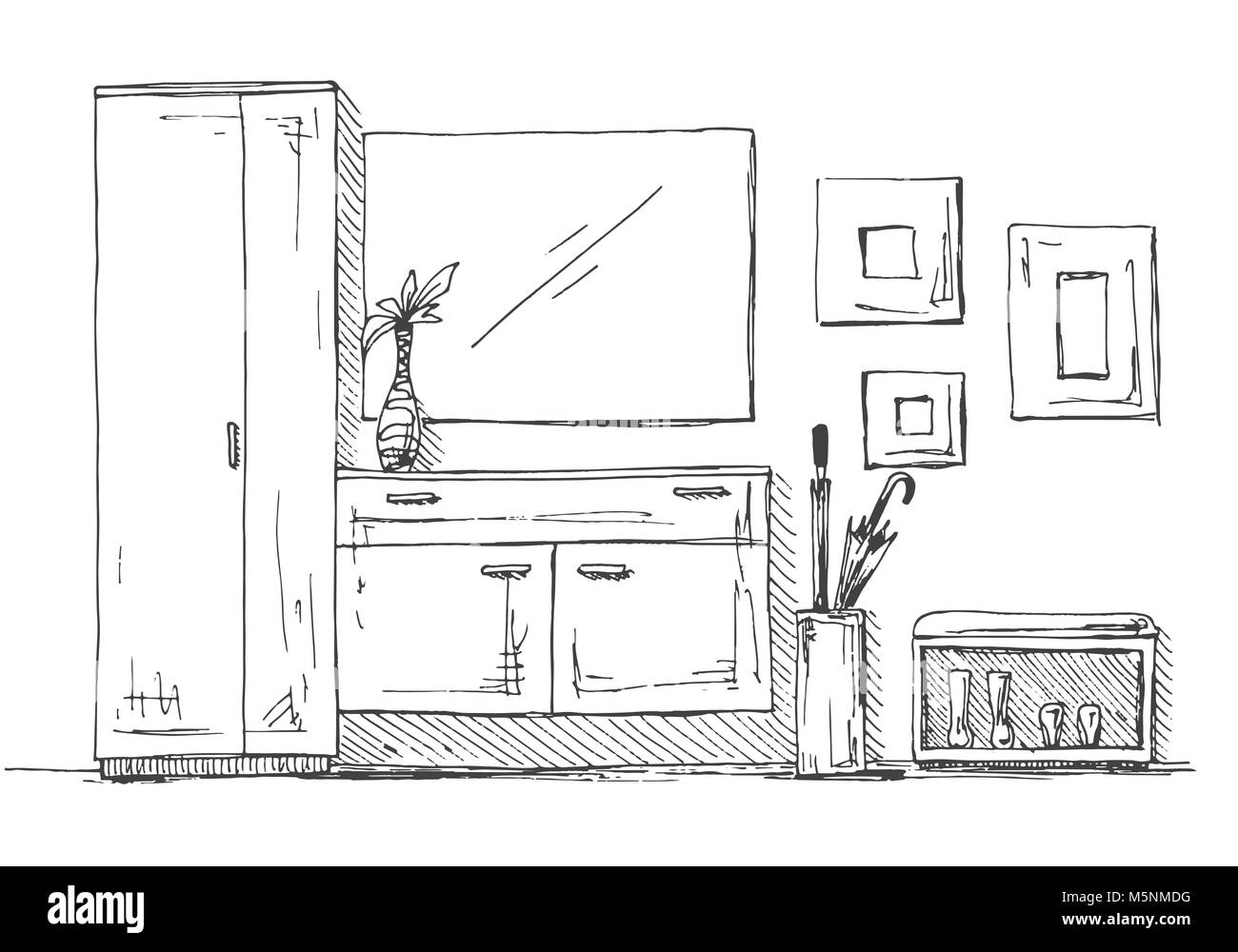 Les meubles dans le couloir. Commode, armoire, hanger, miroir et décoration. Vector illustration au croquis style. Illustration de Vecteur