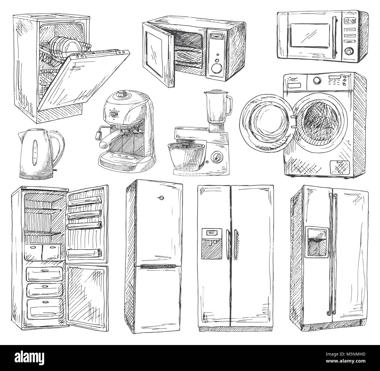 Jeu de la main de différents appareils ménagers. Vector illustration d'un croquis de style. Illustration de Vecteur