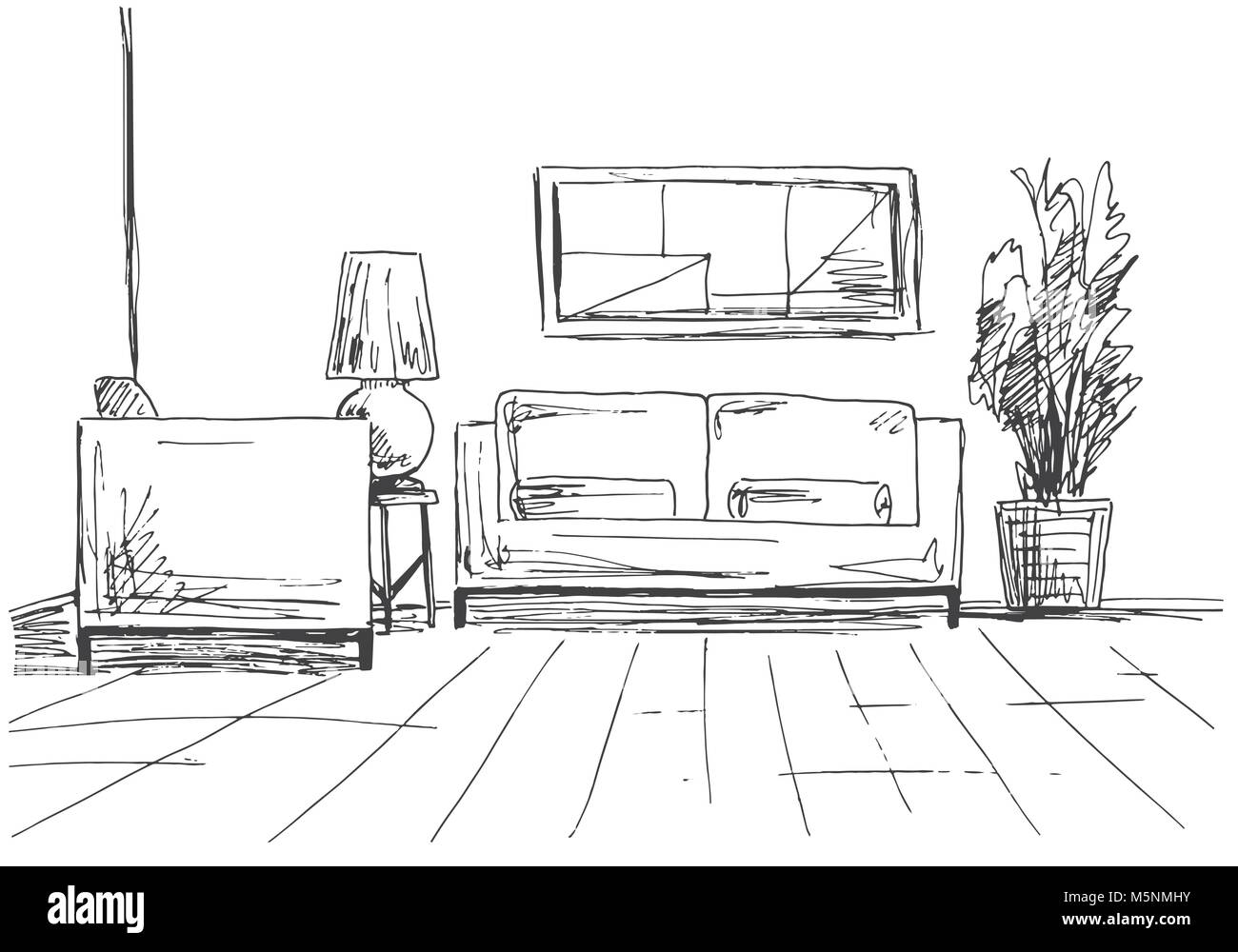 Canapé, fauteuil, table avec lampe et une grande plante en pot. Hand drawn vector illustration d'un croquis de style. Illustration de Vecteur