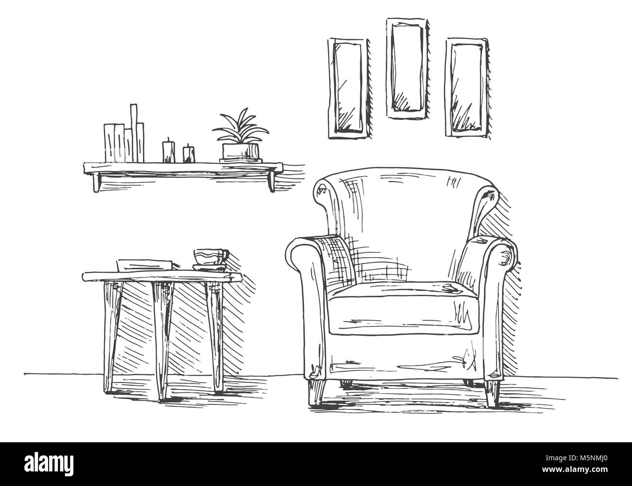 Chaise, table avec mug. Deux lampes suspendues au-dessus de la table. Étagère avec livres et de plantes. Hand drawn vector illustration d'un style croquis Illustration de Vecteur