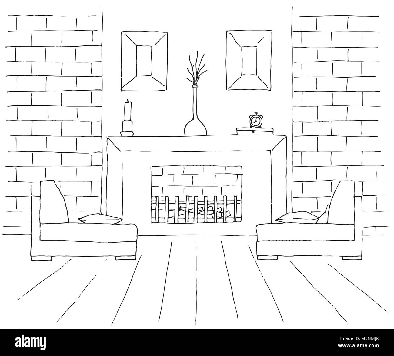 Deux chaises en face de la cheminée. Sur la cheminée il y a un vase et autres articles de décor. Vector illustration dans un style croquis Illustration de Vecteur