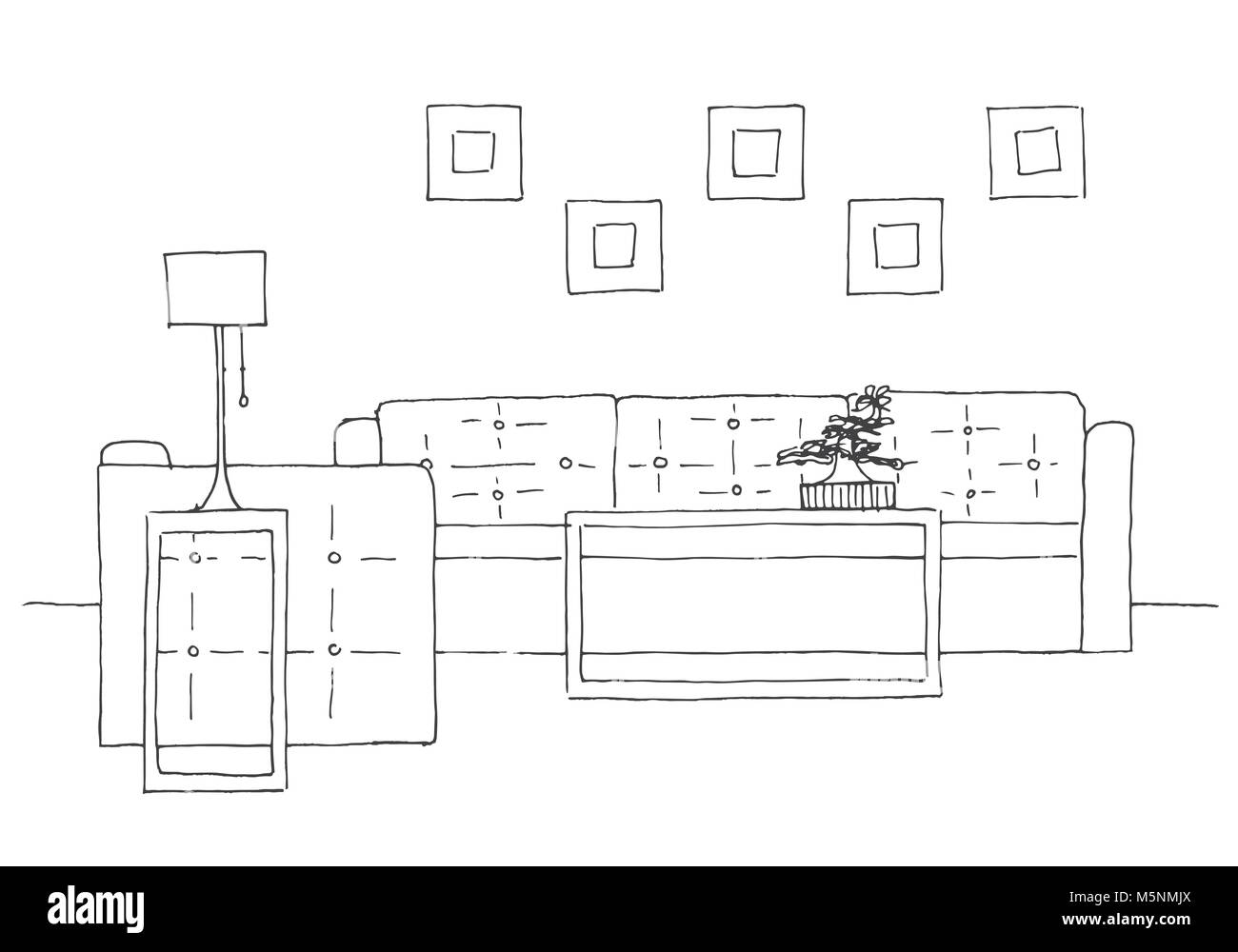 Canapé, fauteuil, table et lampe avec plante en pot. Hand drawn vector illustration d'un croquis de style. Illustration de Vecteur