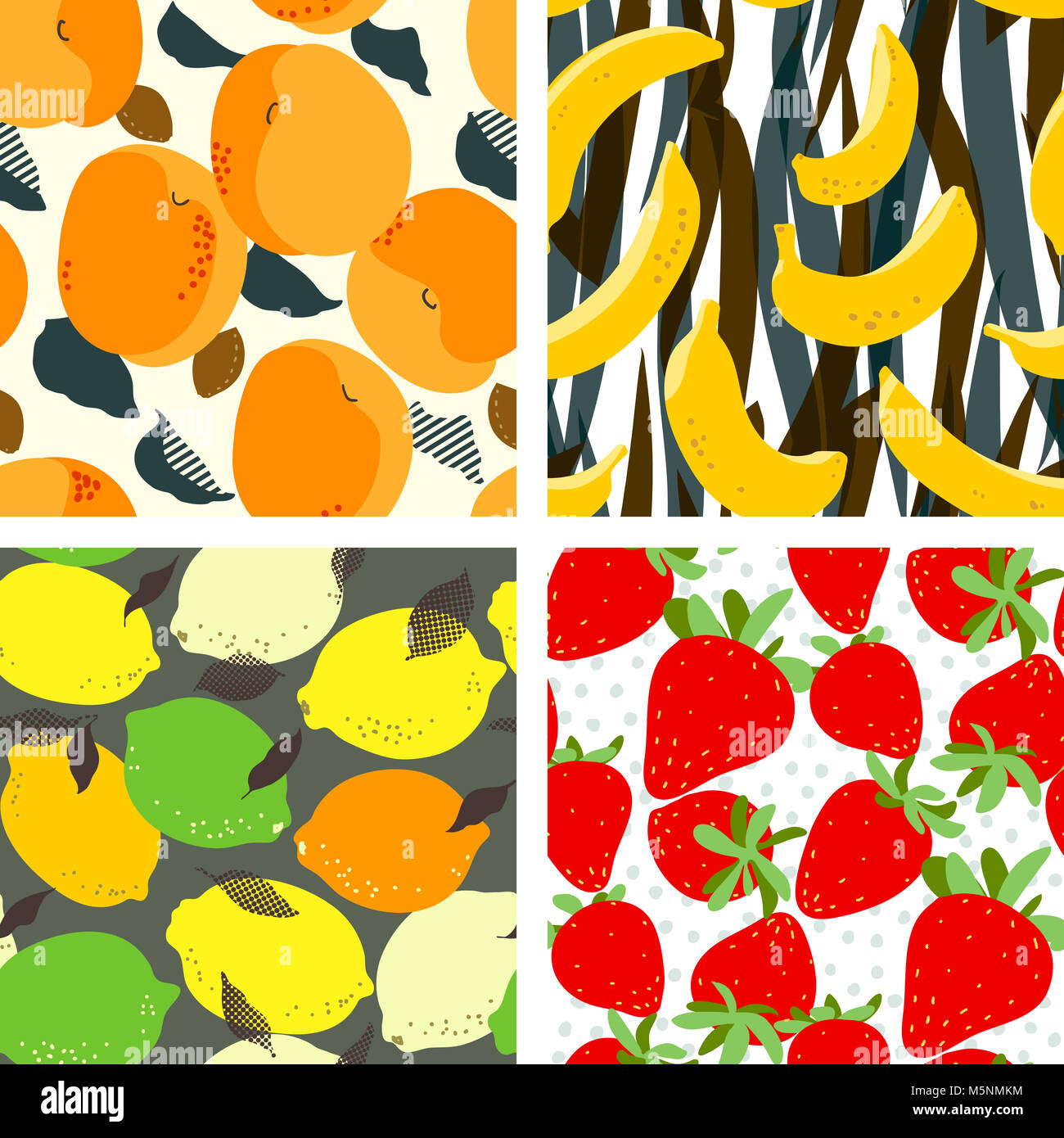 Les fruits, abricots et agrumes Citrons Limes, banane et fraises seamless pattern set. Les fruits, les feuilles et les pierres. Freehand mode LED Banque D'Images