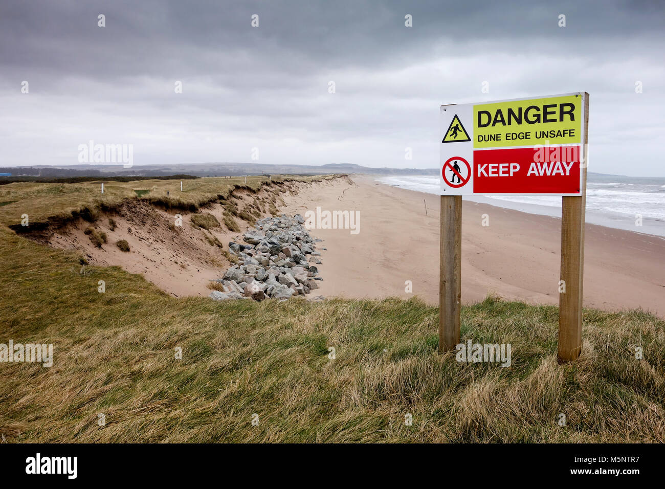 Érosion des dunes sur la plage de Montrose, Écosse. Banque D'Images