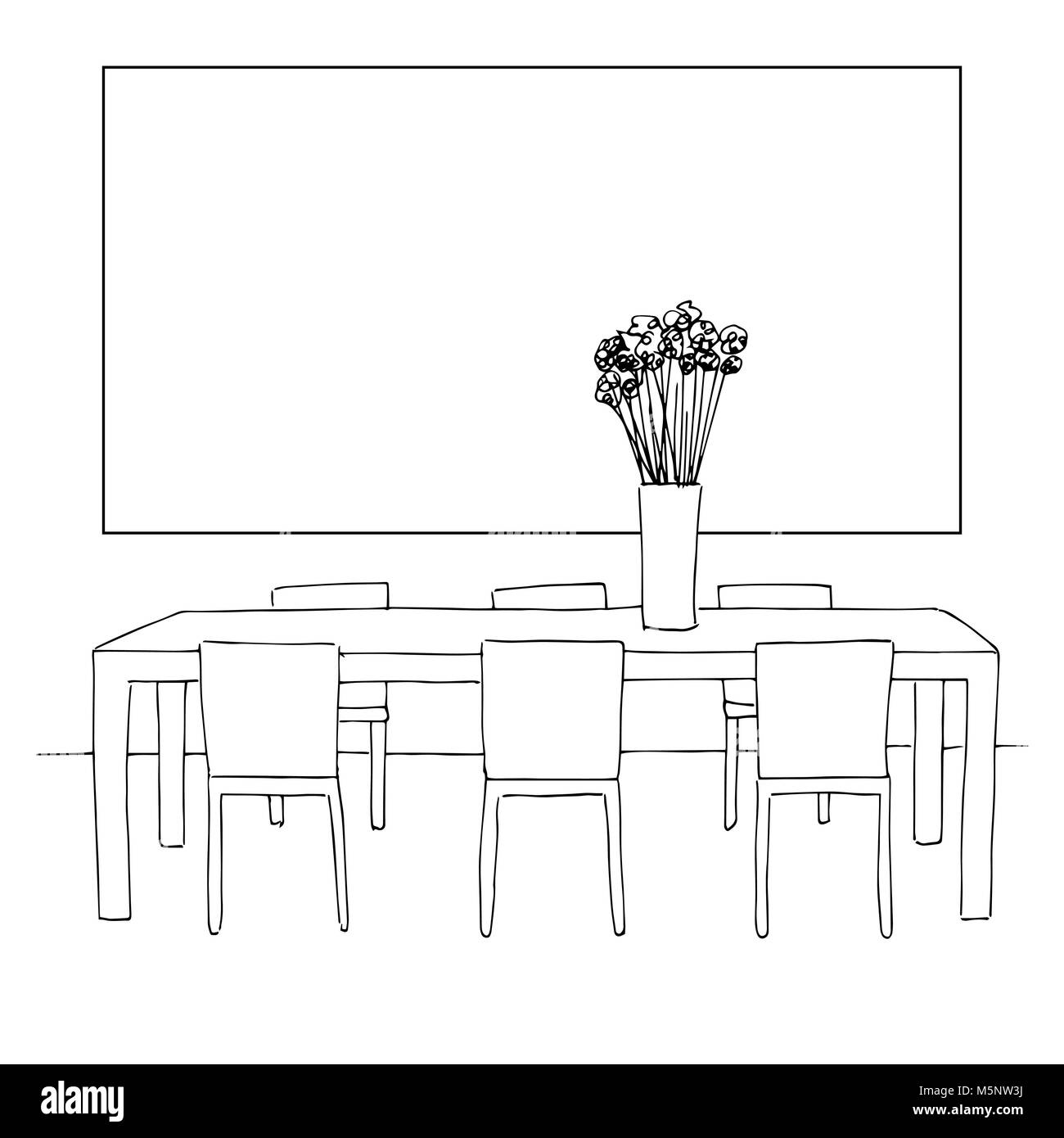 Une partie de la salle à manger. Table et chaises.Sur la table vase de fleurs. Cadre sur le mur pour la pose de vos informations. Croquis dessinés à la main.Vector illus Illustration de Vecteur