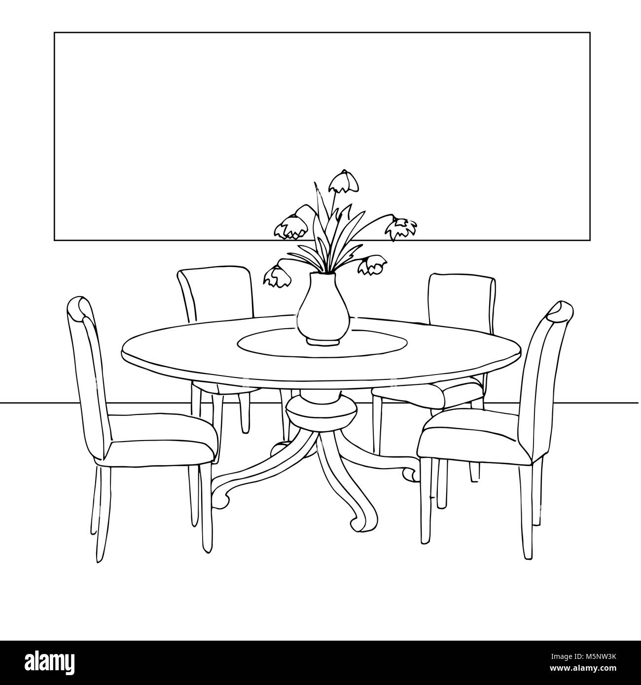 Une partie de la salle à manger. Table et chaises.Sur la table vase de fleurs. Cadre sur le mur pour la pose de vos informations. Croquis dessinés à la main.Vector illus Illustration de Vecteur