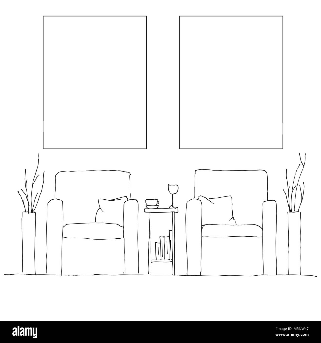 Deux fauteuils et une table haute. Vase de fleurs sur la table. Cadre sur le mur pour la pose de vos informations. L'intérieur à la main. Vector illustrati Illustration de Vecteur Deux fauteuils et une table haute. Vase de fleurs sur la table. Cadre sur le mur pour la pose de vos informations. L'intérieur à la main. Vector illustrati Illustration de Vecteur