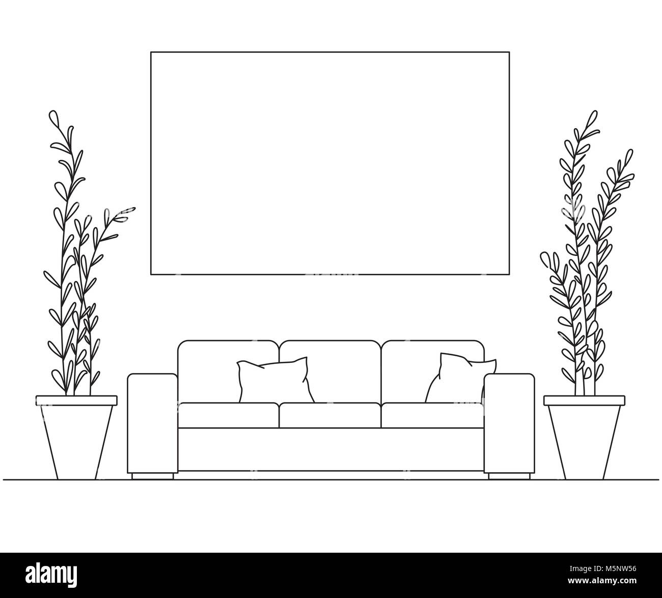 Canapé avec coussins, sur les côtés de grands pots de plantes. Sur le canapé est trois peintures. Cadre sur le mur pour la pose de vos informations. Sketc linéaire Illustration de Vecteur