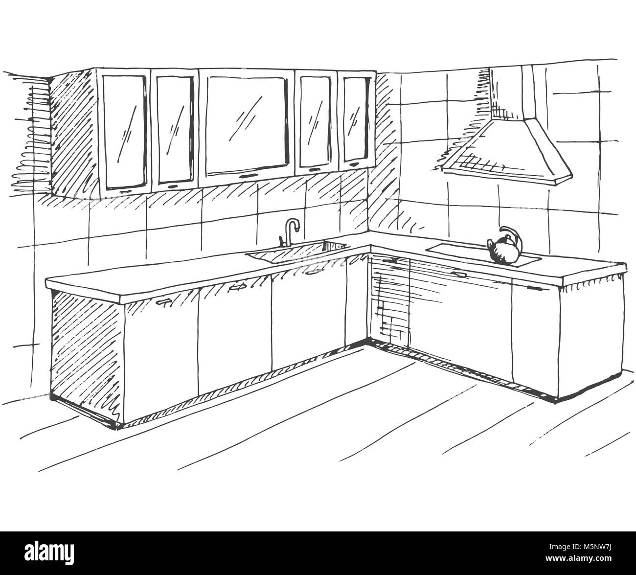 Interior hand drawn perspective kitchen Banque d'images noir et blanc -  Alamy