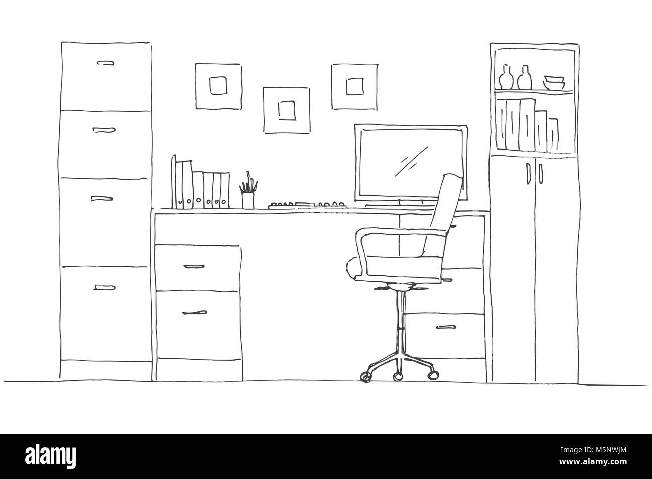 Croquis de la chambre. Chaise de bureau, bureau, divers objets sur la ...