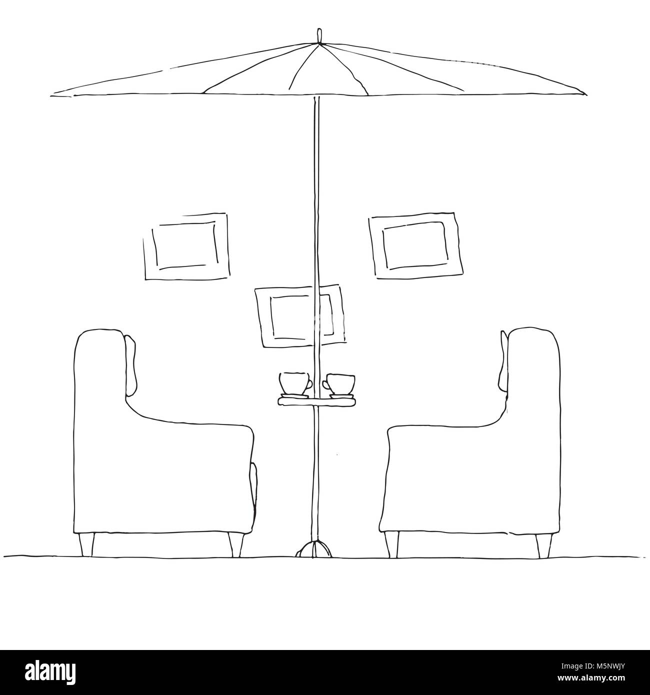 Deux fauteuils et une table. Grand Parapluie pliant. Hand drawn vector illustration Illustration de Vecteur