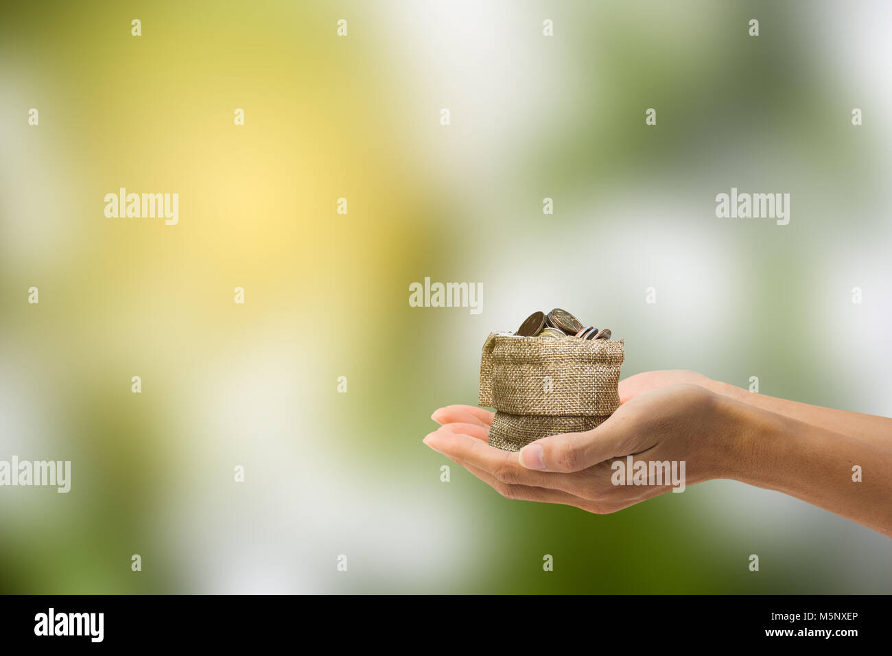 Un homme tenant à la main un sac avec des pièces en vert nature comme arrière-plan et l'espace de copie. L'argent d'économie et de l'investissement concept. Thai monnaie. Banque D'Images