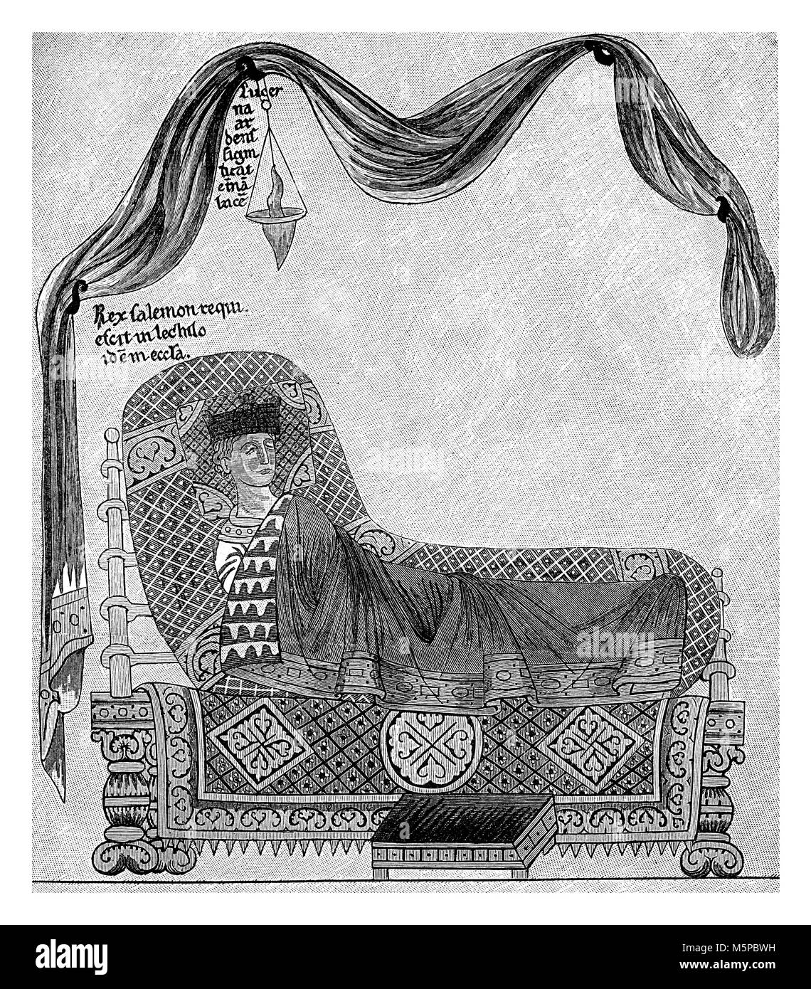 Noble vogue au lit avec chapeau, décoré des couvertures, tapis et repose-pieds, XII siècle illustration Banque D'Images