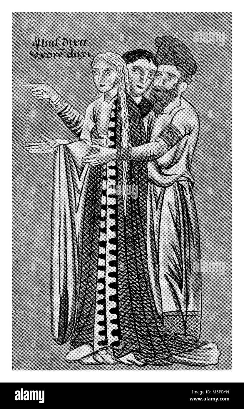 Noble costumes, XIII siècle : tuniques essentally et richement décorées mantels Banque D'Images