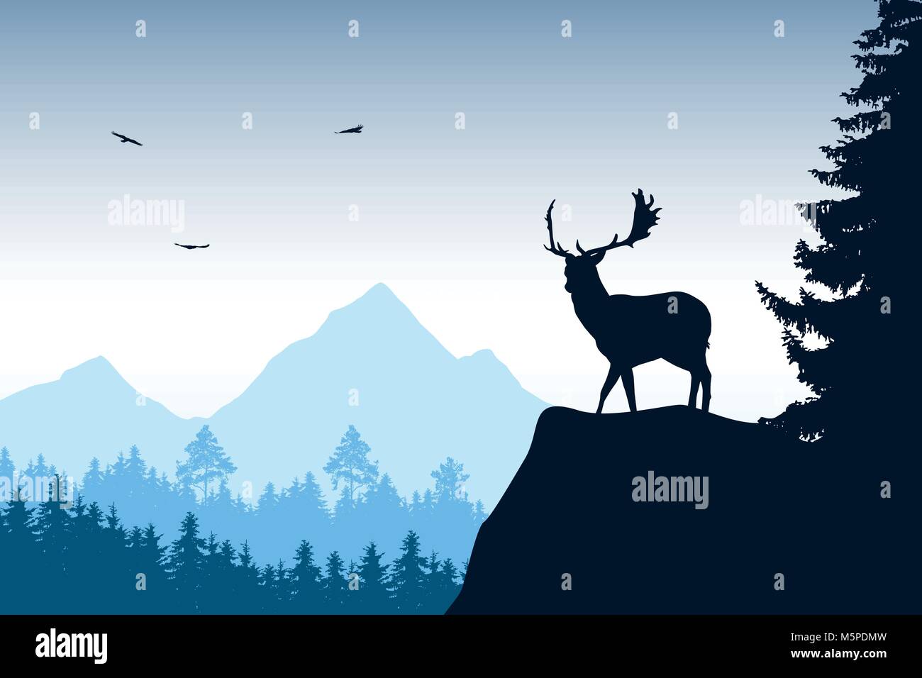 Deer stags avec l'article en haut de roche avec montagne et forêt en arrière-plan, sous le ciel avec les oiseaux en plein vol Illustration de Vecteur