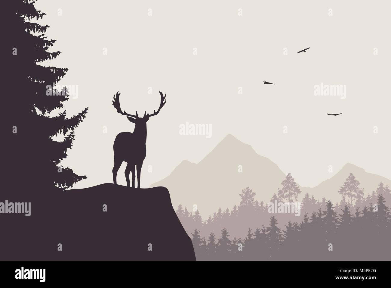Deer stags avec l'article en haut de roche avec montagne et forêt en arrière-plan, sous le ciel avec les oiseaux en plein vol Illustration de Vecteur
