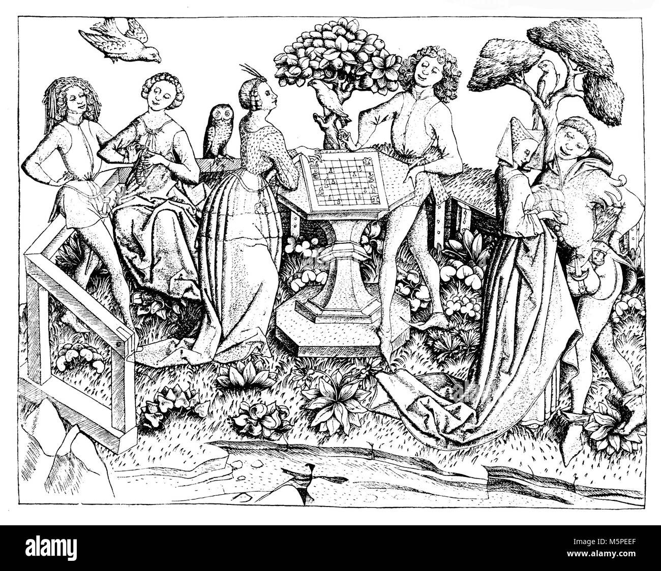 Temps libre dans la société noble de cour jardin et jouer aux échecs, XV siècle gravure Banque D'Images