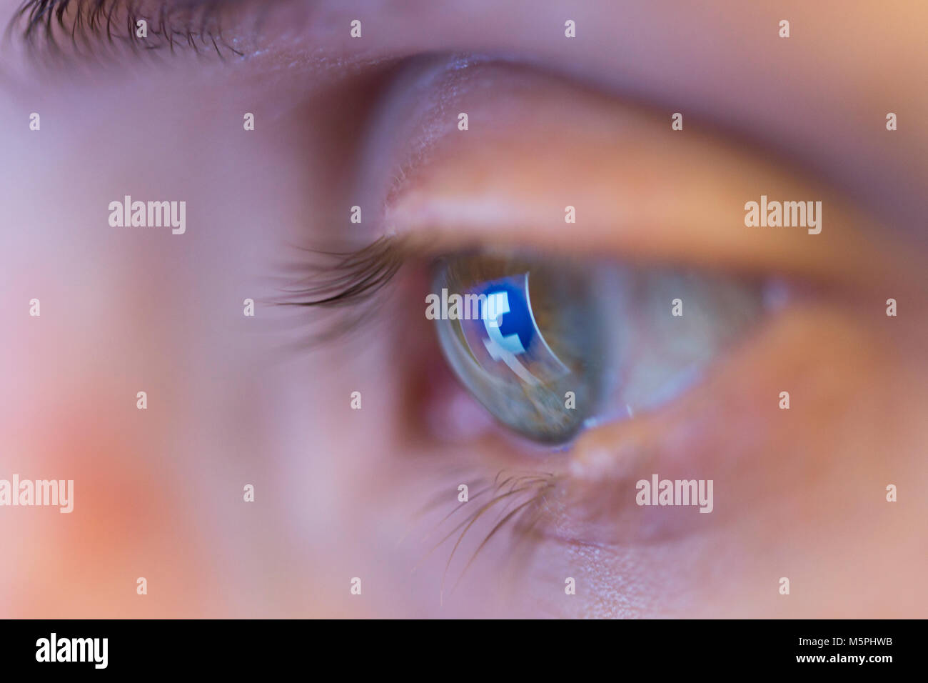 Le logo de Facebook se reflétant dans a woman's eye Banque D'Images