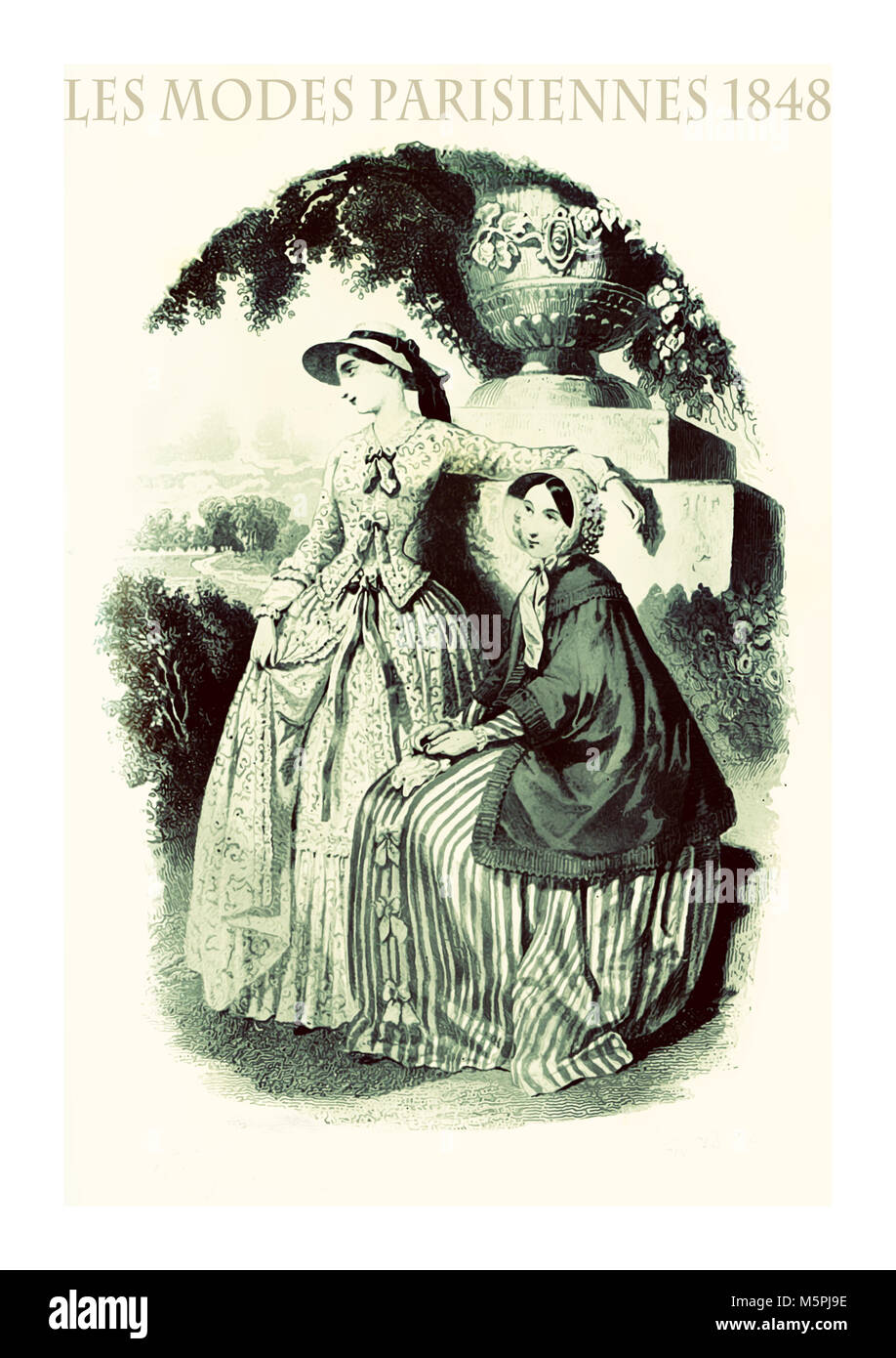 1848 vintage fashion, magazine français Les Modes Parisiennes présente deux jeunes femmes alanguies dans une pose dans un beau parc avec des chiffons de fantaisie et élégant chapeaux Banque D'Images