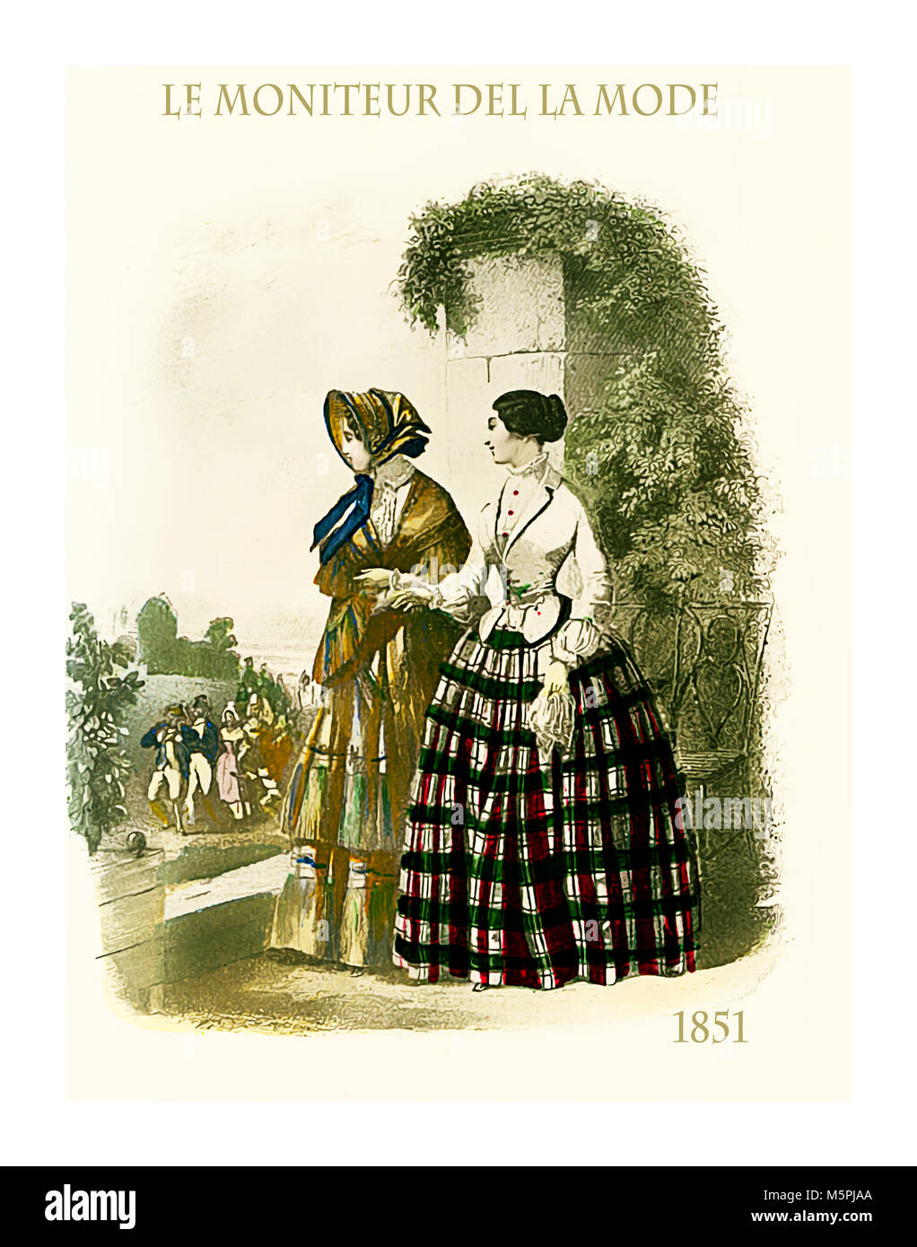 La mode vintage 1851, le magazine français Le Moniteur de la mode présente deux dames piscine dans un beau jardin avec des chiffons et manteaux fantaisie Banque D'Images