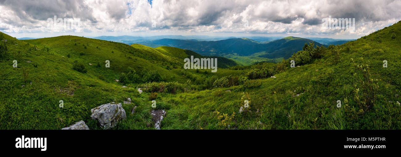 Colline herbeuse des Carpates par temps nuageux jour. superbe panorama avec rolling hill et l'arête des montagnes au loin. destination touristique populaire - Banque D'Images